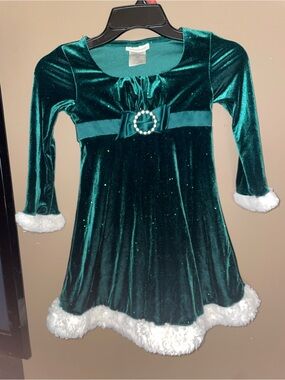 Girls Bonnie Jean Emerald Green Velvet Holiday Dress with Faux Fur Trim Sz 6